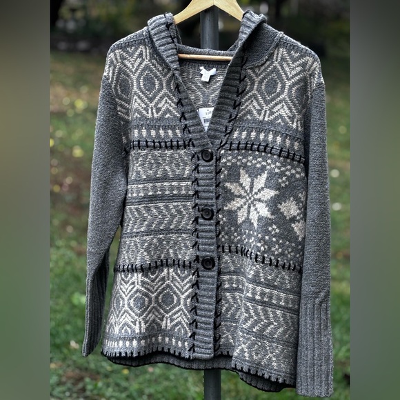 Jjill Hand-Embroidered Hooded Cardi 
Grey & Cream Print Size XL - Picture 2 of 11